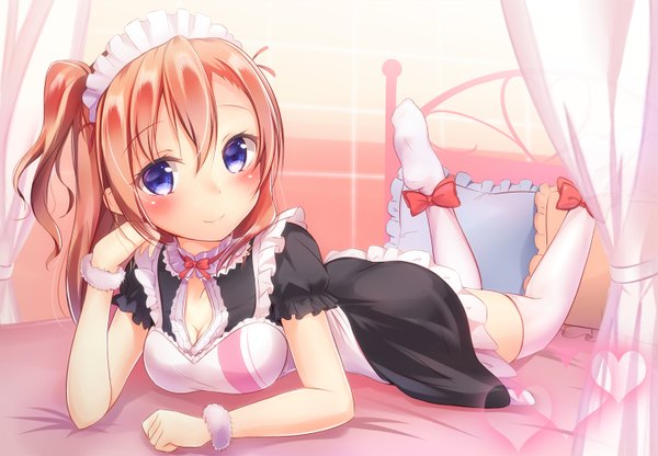 Anime picture 1440x1000 with love live! school idol project sunrise (studio) love live! kousaka honoka yuuyu single long hair looking at viewer blush blue eyes light erotic brown hair cleavage maid one side up on stomach girl thighhighs dress bow