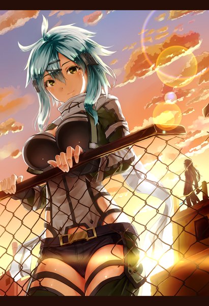 Anime picture 818x1192 with sword art online a-1 pictures kirigaya kazuto asada shino spiralray tall image short hair brown eyes blue hair sky cloud (clouds) lens flare evening sunset girl boy gloves jacket shorts scarf