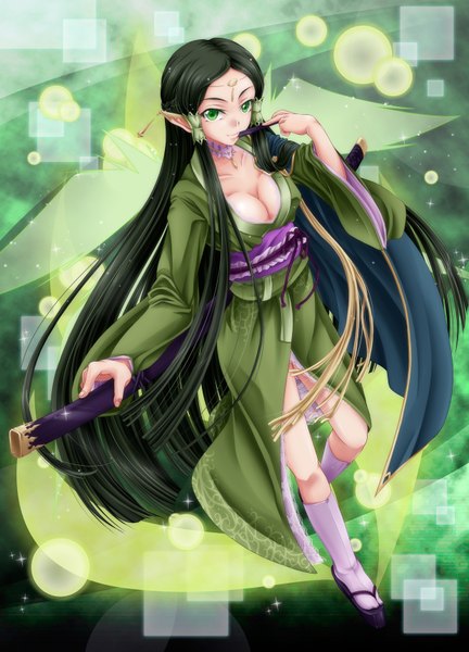 Anime picture 1240x1723 with sword art online a-1 pictures sakuya (sao) tsukineko long hair tall image breasts black hair green eyes traditional clothes japanese clothes pointy ears girl weapon sword kimono katana fan