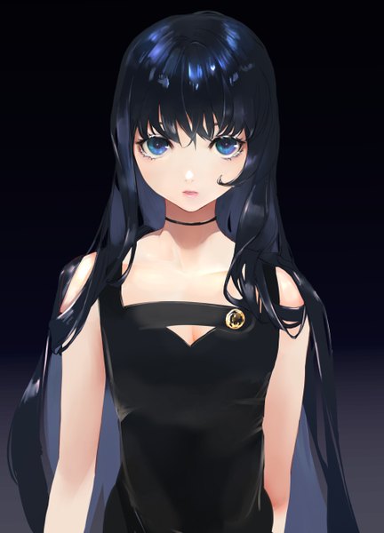 Anime picture 1000x1389 with original toto single long hair tall image looking at viewer fringe breasts blue eyes black hair simple background hair between eyes standing bare shoulders cleavage upper body parted lips multicolored hair two-tone hair sleeveless