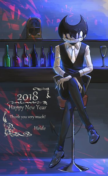 Anime picture 1444x2338 with bendy and the ink machine bendy heide single tall image smile sitting signed full body indoors tail grin crossed legs text english demon tail new year demon happy new year no face