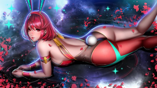 Anime picture 4000x2250 with xenoblade xenoblade 2 pyra (xenoblade) liang xing single looking at viewer fringe highres short hair light erotic hair between eyes red eyes wide image animal ears absurdres red hair tail lying animal tail from above