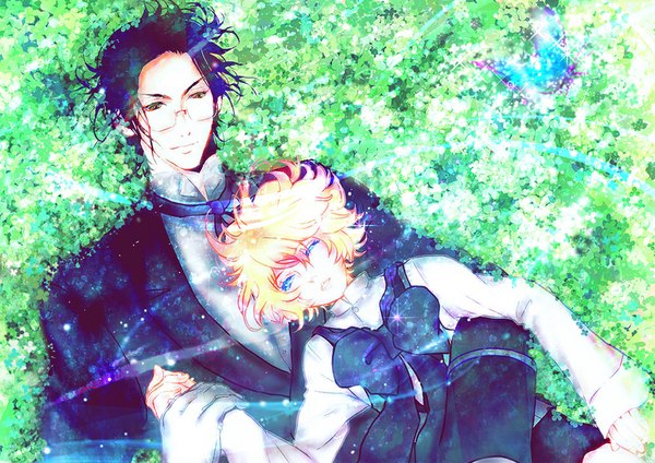 Anime picture 1024x724 with kuroshitsuji a-1 pictures alois trancy claude faustus hitoyame short hair blue eyes black hair blonde hair smile yellow eyes lying hug curly hair boy bow plant (plants) glasses insect butterfly