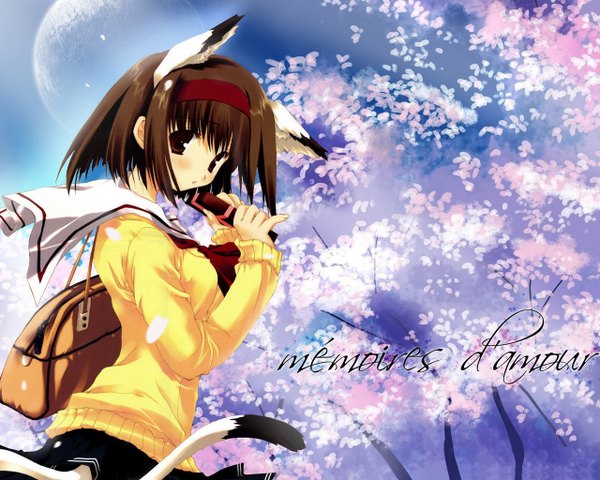Anime picture 1280x1024 with original mitsumi misato single looking at viewer short hair brown hair brown eyes animal ears tail animal tail cat ears cat girl cat tail cherry blossoms third-party edit girl uniform serafuku hairband moon