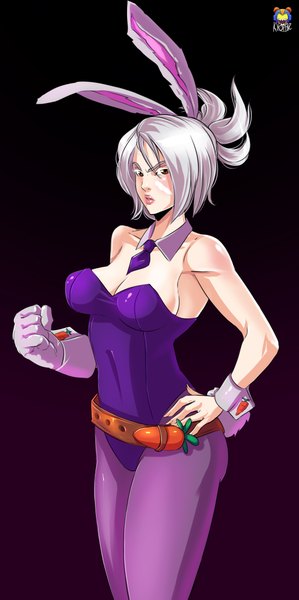 Anime picture 1133x2271 with league of legends riven (league of legends) battle bunny riven kyoffie12 single tall image looking at viewer blush short hair breasts simple background brown eyes animal ears silver hair tail animal tail lips bunny ears black background bunny girl