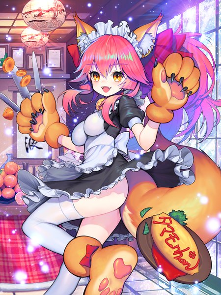 Anime-Bild 1000x1333 mit fate (series) fate/grand order tamamo (fate) (all) tamamo cat (fate) kyundoo single long hair tall image looking at viewer blush fringe open mouth light erotic smile standing holding animal ears pink hair ponytail indoors
