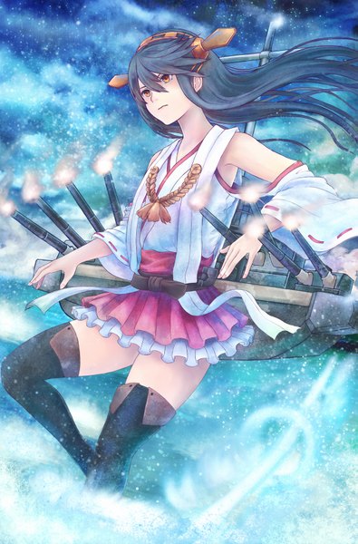 Anime picture 1119x1700 with kantai collection haruna battleship chrone single long hair tall image black hair red eyes looking away girl thighhighs hair ornament weapon black thighhighs detached sleeves