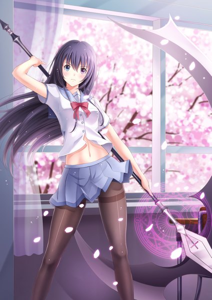 Anime picture 2893x4092 with original ltt challenger single long hair tall image looking at viewer blush highres blue hair midriff heterochromia cherry blossoms magic revision girl skirt navel uniform weapon plant (plants)
