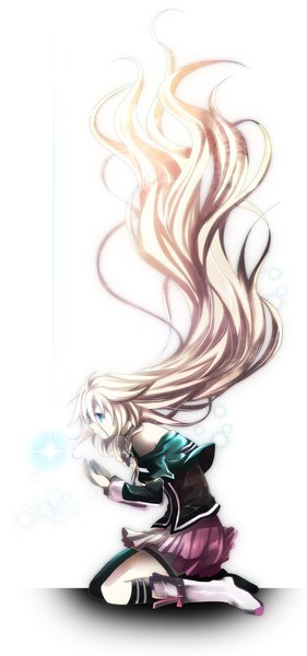 Anime picture 1000x2133 with vocaloid ia (vocaloid) mariwai (marireroy) single tall image fringe blue eyes simple background blonde hair hair between eyes white background bare shoulders full body braid (braids) very long hair profile twin braids kneeling floating hair light