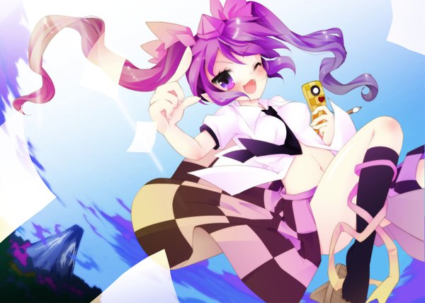 Anime picture 1400x1000 with touhou himekaidou hatate natsuki yuu (amemizu) single long hair blush smile purple eyes twintails purple hair one eye closed wink mountain checkered checkered skirt girl skirt hat mobile phone paintbrush