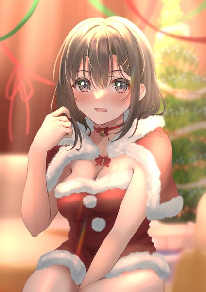 Anime picture 1457x2064 with original yoshiki 3821 single tall image blush fringe short hair breasts open mouth light erotic hair between eyes brown hair large breasts sitting cleavage grey eyes christmas girl choker bobby pin