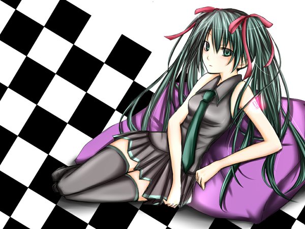 Anime picture 1024x768 with vocaloid hatsune miku single long hair looking at viewer blush twintails bare shoulders green eyes green hair tattoo zettai ryouiki on side girl skirt ribbon (ribbons) hair ribbon thigh boots