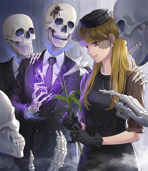 Anime picture 1200x1384 with original minami (minami373916) single long hair tall image fringe simple background blonde hair smile hair between eyes purple eyes holding looking away blunt bangs parted lips smoke pointing double buttons skeleton aura