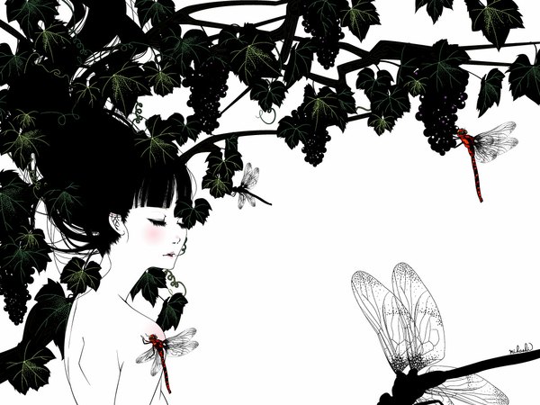 Anime picture 1110x834 with mihoshi (artist) single long hair blush bare shoulders eyes closed girl plant (plants) food insect berry (berries) dragonfly