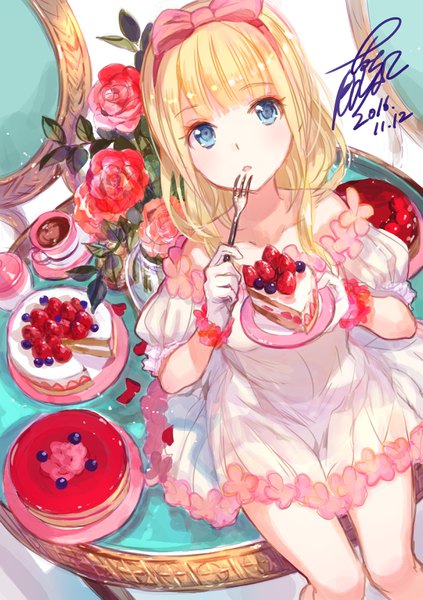 Anime picture 2430x3445 with original ancake1 single long hair tall image looking at viewer fringe highres open mouth blue eyes blonde hair sitting bare shoulders holding signed bent knee (knees) blunt bangs from above puffy sleeves dated