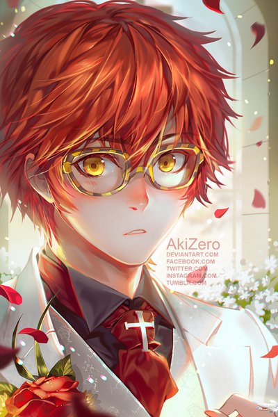 イラスト 666x1000 と 수상한메신저 707 (mystic messenger) akizero1510 ソロ 長身像 カメラ目線 赤面 短い髪 signed 黄色眼 parted lips オレンジ髪 portrait surprised 男性 花 花弁 眼鏡 ネクタイ 窓