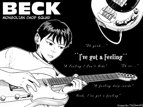 Anime picture 1024x768 with beck madhouse tanaka yukio single short hair looking away upper body inscription copyright name black background monochrome third-party edit dark hair playing instrument boy musical instrument guitar electric guitar