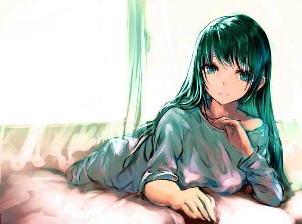 Anime picture 1000x743 with original iori (cpeilad) single long hair looking at viewer green eyes lying green hair light smile light on stomach girl dress sweater dress