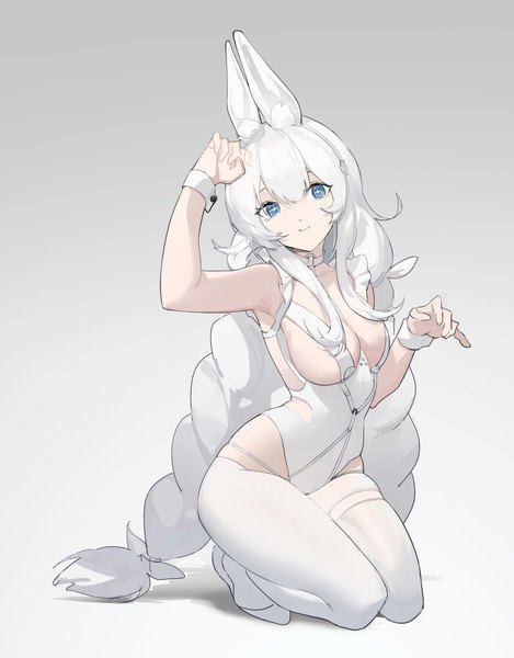 Anime picture 2163x2766 with azur lane le malin (azur lane) le malin (listless lapin) (azur lane) yeyuanqianqianqian single long hair tall image looking at viewer fringe highres breasts blue eyes light erotic simple background hair between eyes animal ears white hair braid (braids) arm up bunny ears