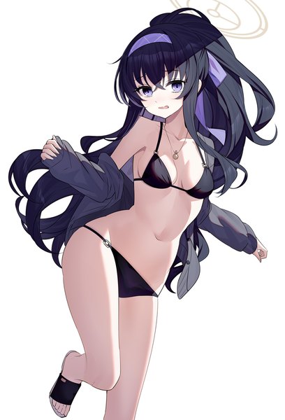 Anime picture 900x1322 with blue archive ui (blue archive) ui (swimsuit) (blue archive) ririko (zhuoyandesailaer) single long hair tall image looking at viewer fringe light erotic black hair simple background hair between eyes standing white background purple eyes open clothes open jacket official alternate costume standing on one leg