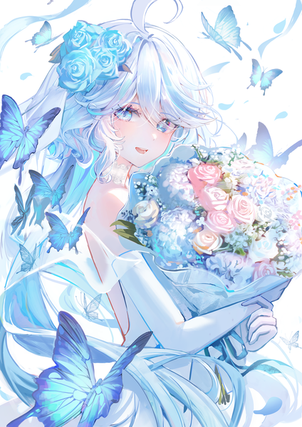 Anime picture 2480x3508 with genshin impact furina (genshin impact) dasha single long hair tall image looking at viewer fringe highres open mouth blue eyes silver hair upper body ahoge :d hair over one eye low ponytail girl gloves flower (flowers)