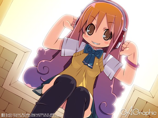 Anime picture 1280x960 with gagraphic zankuro dutch angle wallpaper girl thighhighs uniform school uniform headphones