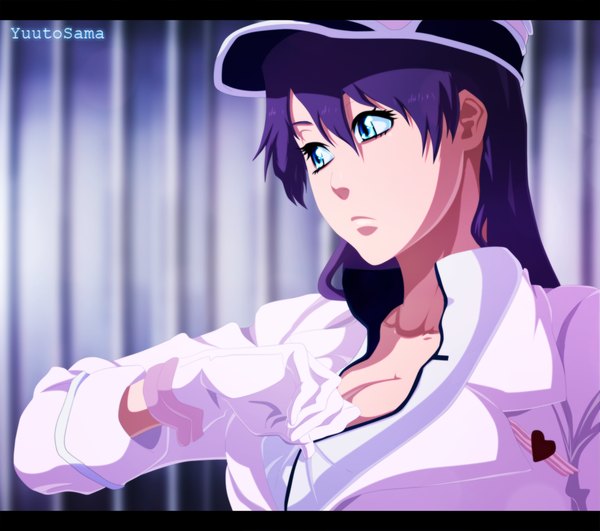 Anime picture 1300x1152 with bleach bleach: sennen kessen-hen studio pierrot bambietta basterbine raaa-kun single long hair blue eyes purple hair coloring portrait girl gloves white gloves flat cap