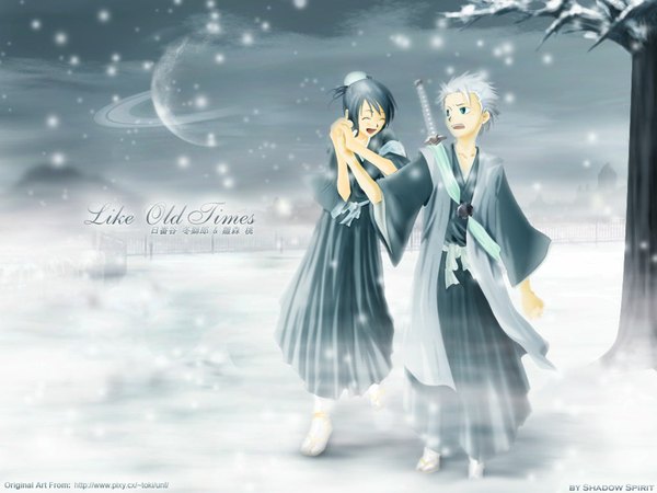 Anime picture 1024x768 with bleach studio pierrot hitsugaya toushirou hinamori momo open mouth blue eyes black hair signed outdoors white hair traditional clothes japanese clothes holding hands snowing winter snow third-party edit bare tree girl boy