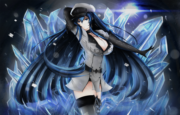 Anime picture 1024x658 with akame ga kill! white fox esdeath raizo35 single long hair looking at viewer breasts blue eyes light erotic large breasts blue hair cleavage outstretched arm snowing girl dress uniform boots thigh boots