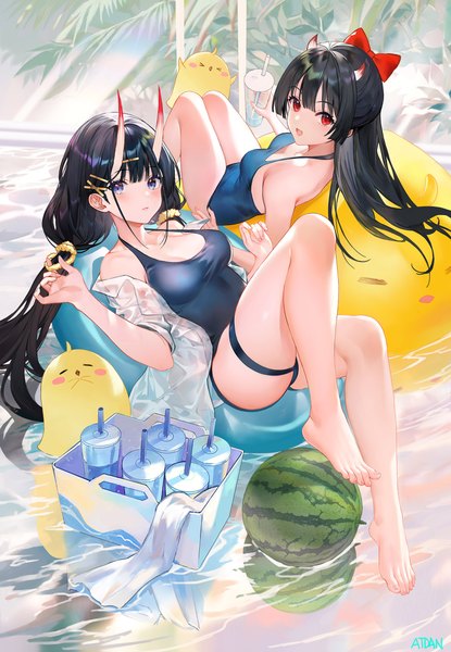Anime picture 1662x2400 with azur lane manjuu (azur lane) noshiro (azur lane) sakawa (azur lane) noshiro (unwinding in the sunshine) (azur lane) atdan long hair tall image looking at viewer blush fringe breasts open mouth light erotic black hair smile red eyes large breasts purple eyes twintails