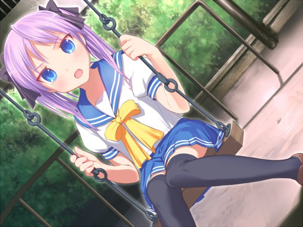 Anime picture 1080x810 with lucky star kyoto animation hiiragi kagami uni (plastic girl) single long hair looking at viewer blush open mouth blue eyes sitting twintails purple hair outdoors dutch angle knees together feet apart girl thighhighs uniform hair ornament