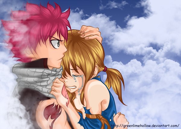 Anime picture 1024x731 with fairy tail lucy heartfilia natsu dragneel greenlimehollow long hair short hair blonde hair pink hair sky cloud (clouds) ponytail eyes closed profile grey eyes tattoo hug tears torn clothes coloring crying