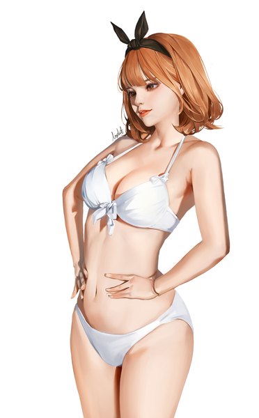 Anime picture 2897x4676 with atelier (series) atelier ryza gust (company) reisalin stout lizchief single tall image fringe highres short hair breasts light erotic simple background brown hair standing white background brown eyes cleavage parted lips realistic