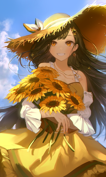 Anime picture 3000x5000 with project sekai shiraishi an nannaspad single long hair tall image highres black hair smile bare shoulders sky cloud (clouds) outdoors orange eyes grin girl skirt flower (flowers) hat earrings