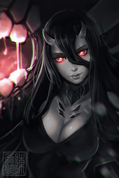Anime picture 683x1024 with kantai collection battleship-symbiotic hime koyoriin single long hair tall image looking at viewer fringe breasts black hair hair between eyes red eyes large breasts signed cleavage head tilt horn (horns) lips blurry night