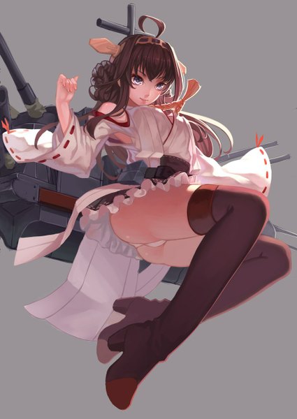 Anime picture 886x1252 with kantai collection kongou battleship -elf-jy single long hair tall image looking at viewer blue eyes light erotic simple background smile brown hair bent knee (knees) braid (braids) long sleeves grey background wide sleeves hair bun (hair buns) spread arms jumping