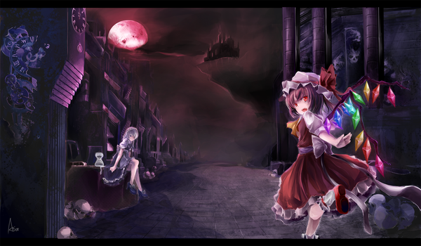 Anime picture 1615x944 with touhou flandre scarlet izayoi sakuya asascarlet red eyes brown hair wide image grey hair maid letterboxed vampire red moon girl hat castle