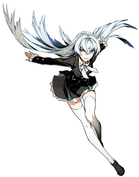 Anime picture 718x913 with kiznaiver studio trigger sonozaki noriko miwa shirow single tall image fringe simple background hair between eyes white background looking away silver hair full body braid (braids) long sleeves grey eyes spread arms side braid girl thighhighs