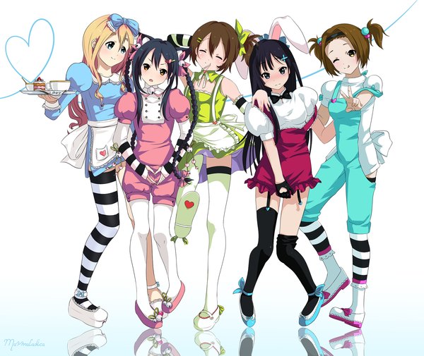 Anime picture 1800x1517 with k-on! kyoto animation akiyama mio hirasawa yui nakano azusa kotobuki tsumugi tainaka ritsu marmalade (elfless vanilla) marmaladica blush highres blue eyes black hair simple background blonde hair brown hair white background multiple girls animal ears braid (braids)