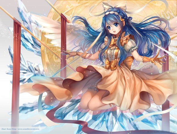 Anime picture 1259x953 with original kaze-hime single long hair open mouth blue eyes smile white background blue hair braid (braids) grey background gradient background spread arms angel wings girl dress gloves bow ribbon (ribbons) hair bow
