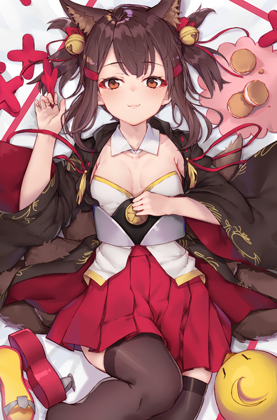 Anime picture 1615x2449 with azur lane akagi-chan (azur lane) black cola single tall image looking at viewer blush short hair breasts light erotic brown hair holding brown eyes animal ears payot cleavage tail lying traditional clothes japanese clothes