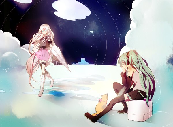 Anime picture 1200x886 with vocaloid hatsune miku ia (vocaloid) myai long hair looking at viewer blue eyes blonde hair sitting twintails bare shoulders multiple girls aqua eyes aqua hair looking down closed umbrella girl thighhighs skirt 2 girls