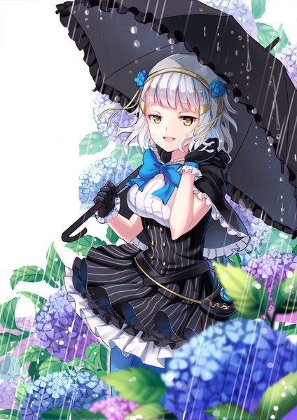 Anime picture 1000x1414 with love live! school idol festival love live! kurobane sakuya duzie e single tall image looking at viewer fringe short hair open mouth standing white background yellow eyes silver hair blunt bangs adjusting hair rain summer girl gloves