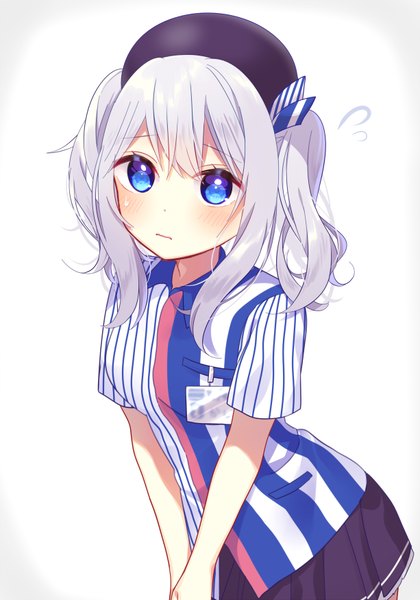 Anime picture 1225x1750 with kantai collection lawson kashima training cruiser mafuyu (chibi21) single long hair tall image blush fringe blue eyes simple background hair between eyes standing twintails payot looking away silver hair pleated skirt from above short sleeves