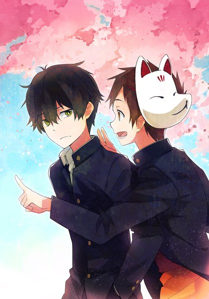 Anime picture 700x1000 with hyouka kyoto animation oreki houtarou fukube satoshi takerusilt tall image fringe short hair open mouth black hair hair between eyes brown hair brown eyes green eyes looking away profile multiple boys cherry blossoms pointing mask on head