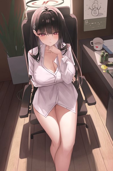 Anime picture 850x1282 with blue archive rio (blue archive) melt (melt out1) single long hair tall image looking at viewer blush breasts light erotic black hair red eyes large breasts sitting cleavage indoors long sleeves open clothes no bra bare legs