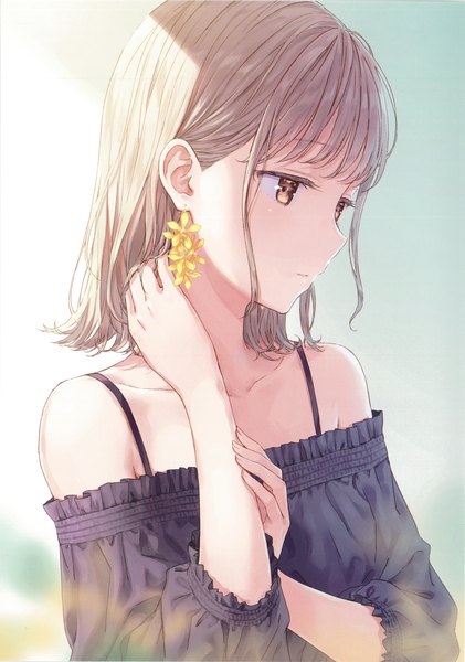 Anime picture 4256x6066 with original hiten (hitenkei) single tall image blush fringe highres short hair simple background blonde hair bare shoulders brown eyes payot absurdres upper body blunt bangs parted lips scan shadow short sleeves