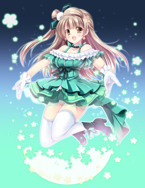 Anime picture 1000x1294 with love live! school idol project sunrise (studio) love live! minami kotori sakurano tsuyu single long hair tall image looking at viewer blush open mouth brown hair bare shoulders brown eyes one side up girl thighhighs dress gloves white thighhighs