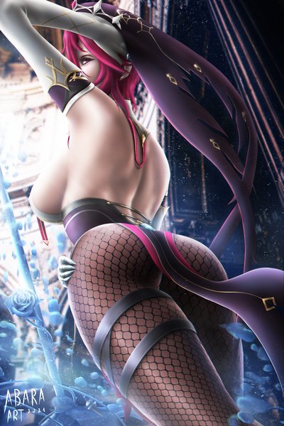 Anime picture 3600x5400 with genshin impact rosaria (genshin impact) abara art single tall image highres short hair breasts light erotic large breasts standing signed pink hair absurdres ass pink eyes looking back from behind from below sideboob