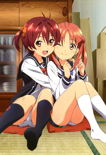 Anime picture 4089x5970 with vividred operation nyantype isshiki akane isshiki momo long hair tall image highres short hair open mouth light erotic smile red eyes twintails multiple girls absurdres red hair one eye closed wink orange hair official art